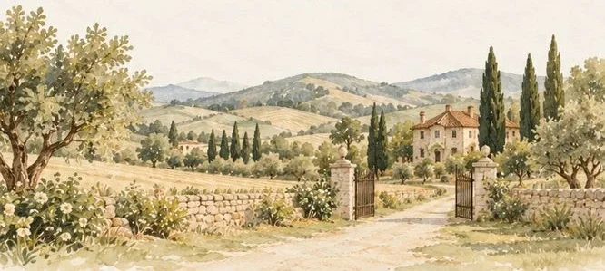 Aguarela de uma quinta entre oliveiras, com um portão aberto para as colinas